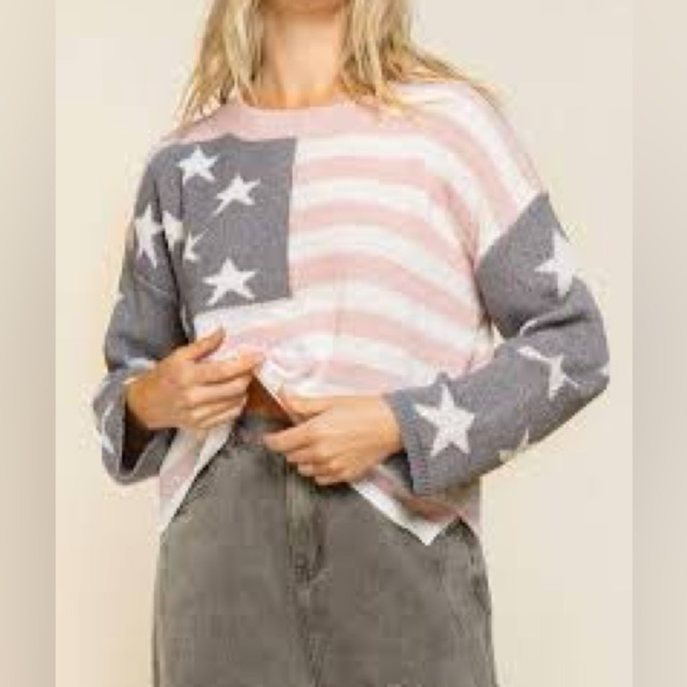 NWT | POL | Oversized American Flag Knit Sweater | Muted Pink/Blue/White |  M